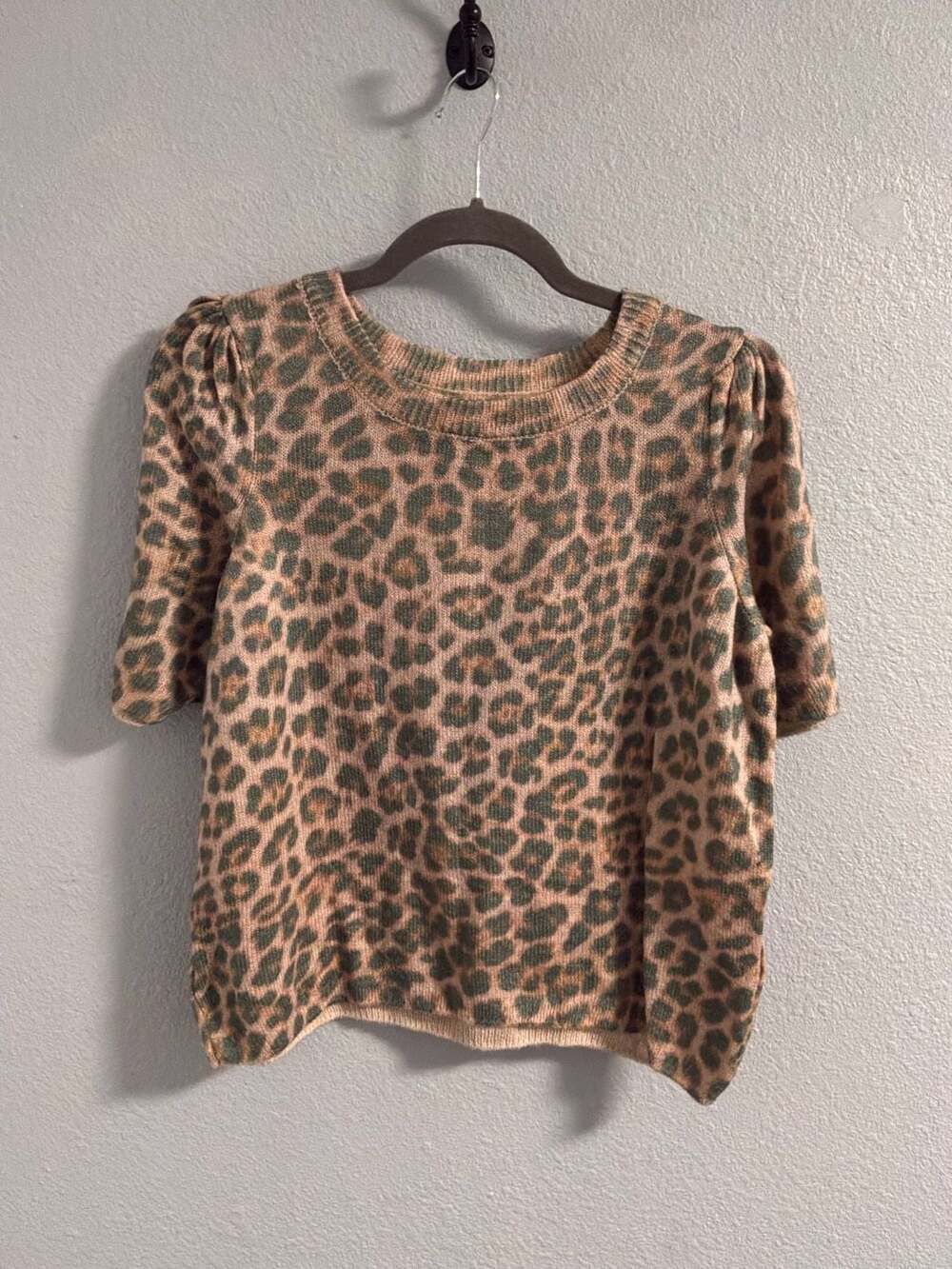 by Anthropologie Sweater Size M Leopard Puff Sleeve Knit Top